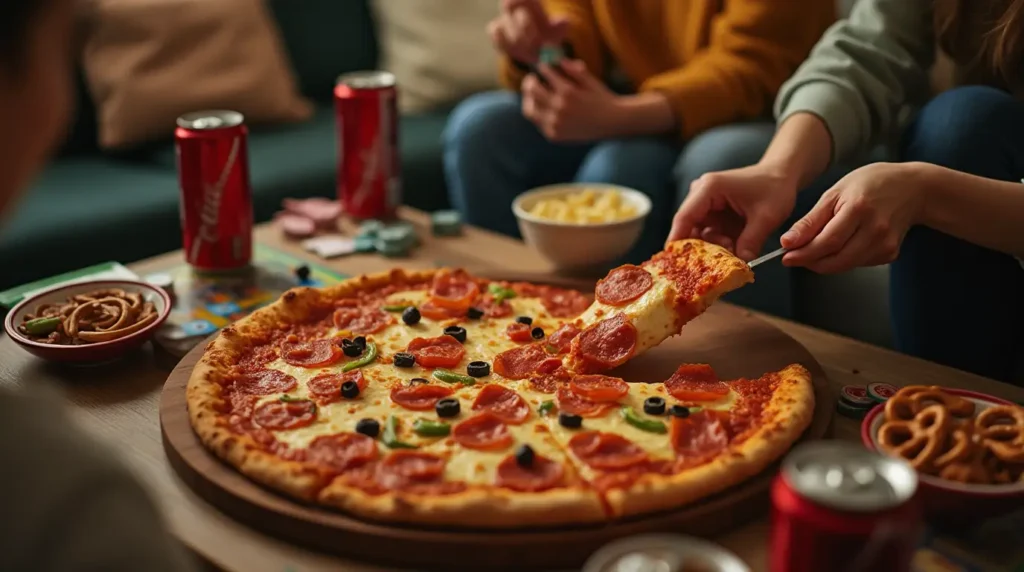 A group of friends enjoying slices of 12-inch pizza during a casual game night.