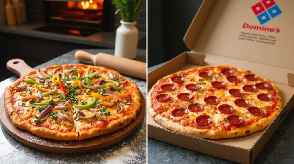 Side-by-side comparison of a homemade 12-inch pizza and a delivery pizza in a box