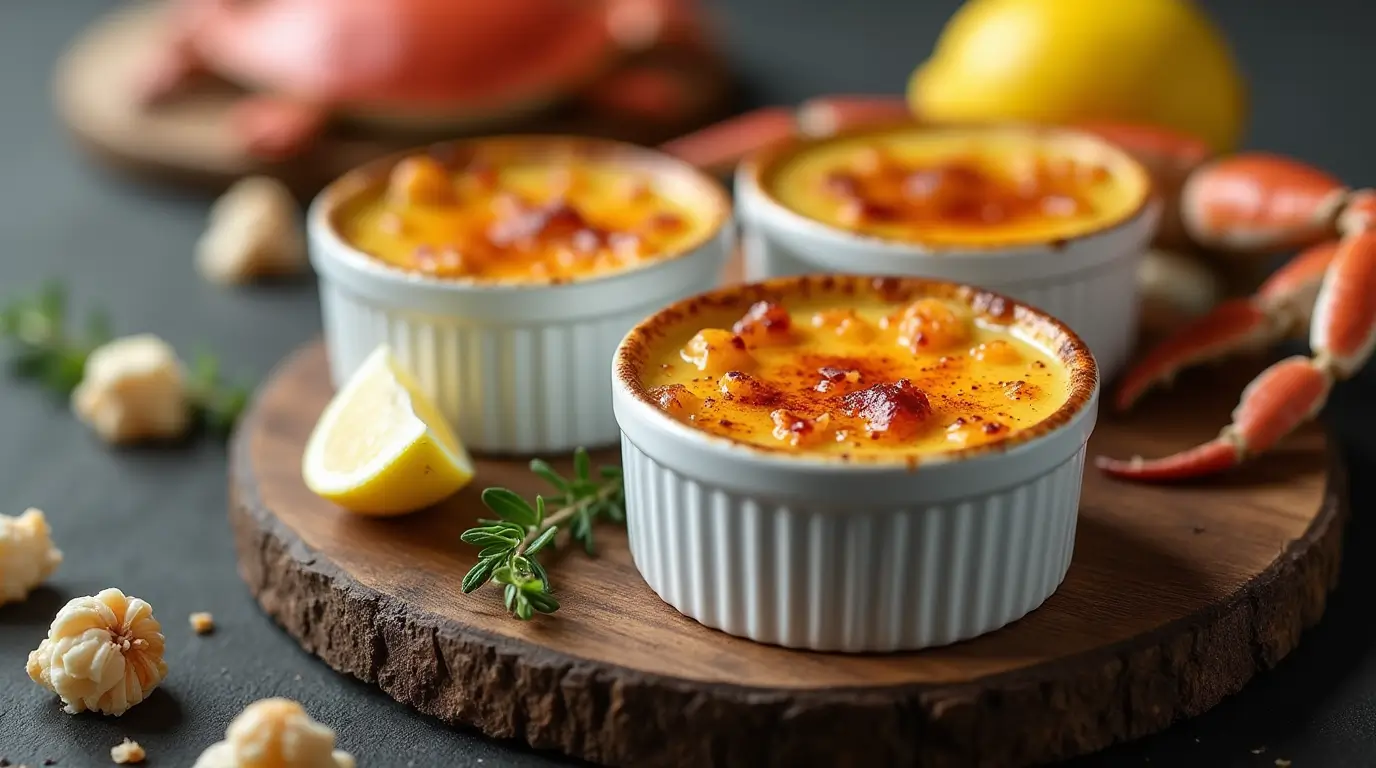 Elegant ramekins of crab brulee with a golden caramelized crust, garnished with fresh parsley. The creamy custard base is studded with tender crab meat, surrounded by cracked crab shells, lemon wedges, and thyme sprigs on a rustic wooden table, creating a luxurious and savory presentation.