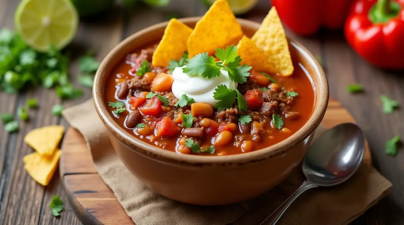 Delicious bowl of taco soup frios topped with cheese, sour cream, and crushed tortilla chips, perfect for a family meal.