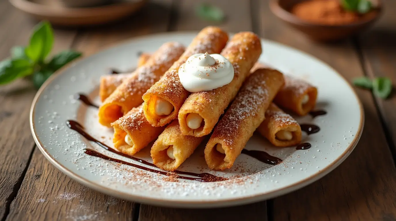 **Alt text:** "Golden, crispy Xango dessert rolls filled with creamy cheesecake, coated in cinnamon-sugar, and garnished with whipped cream and a drizzle of chocolate sauce. The rolls are arranged on a white plate with a sprinkle of powdered sugar and mint leaves, set against a rustic wooden background."