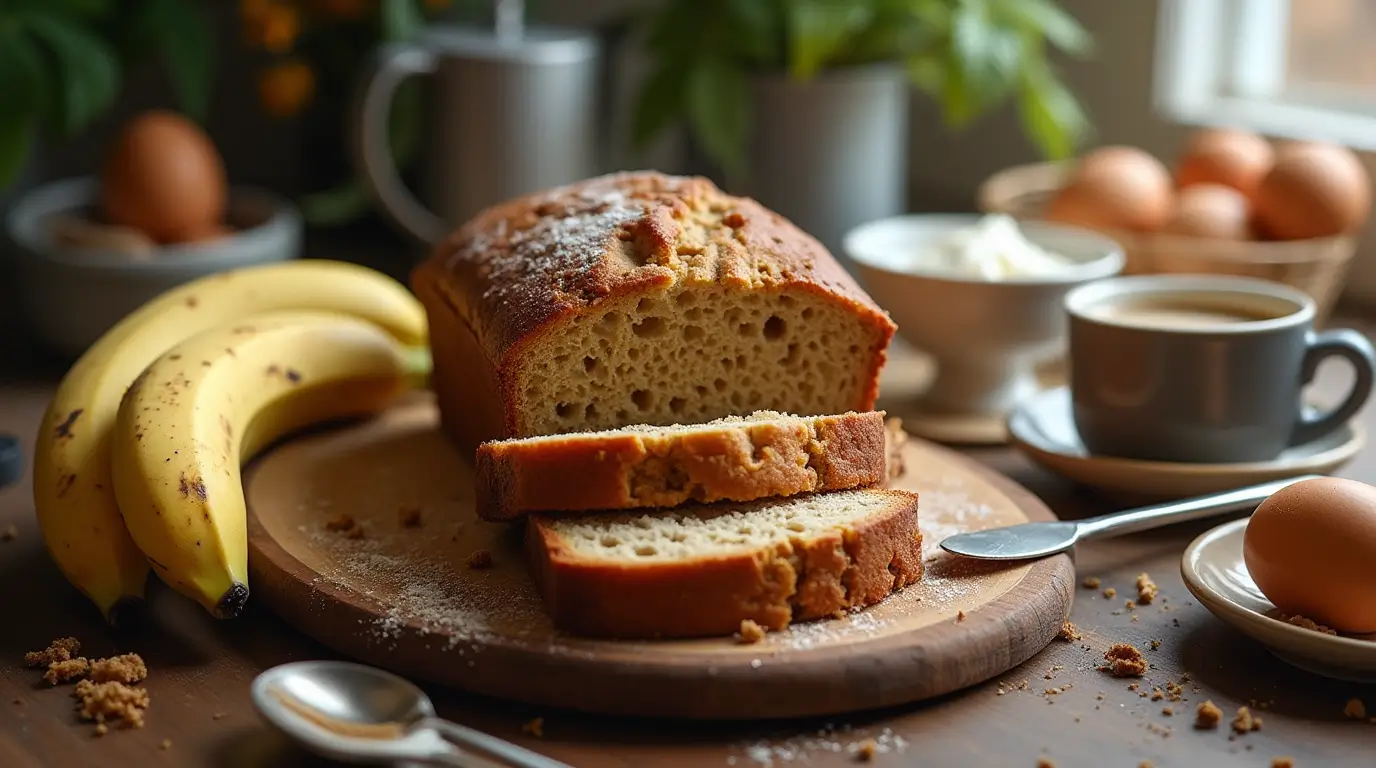 "Freshly baked banana bread on a rustic wooden cutting board, partially sliced to show its moist interior. Surrounding the loaf are ripe bananas, a bowl of flour, brown sugar, and eggs. A steaming cup of coffee sits nearby, with a butter knife spreading softened butter on a slice. The warm, cozy kitchen setting adds to the homely comfort of the scene."